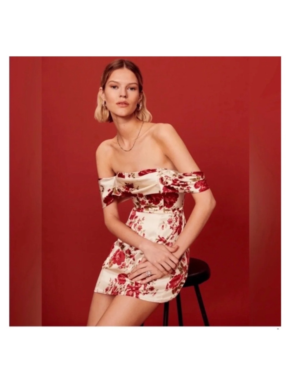 Reformation Lanelle Silk Off The Shoulder Rose Floral Mini Dress Red and White